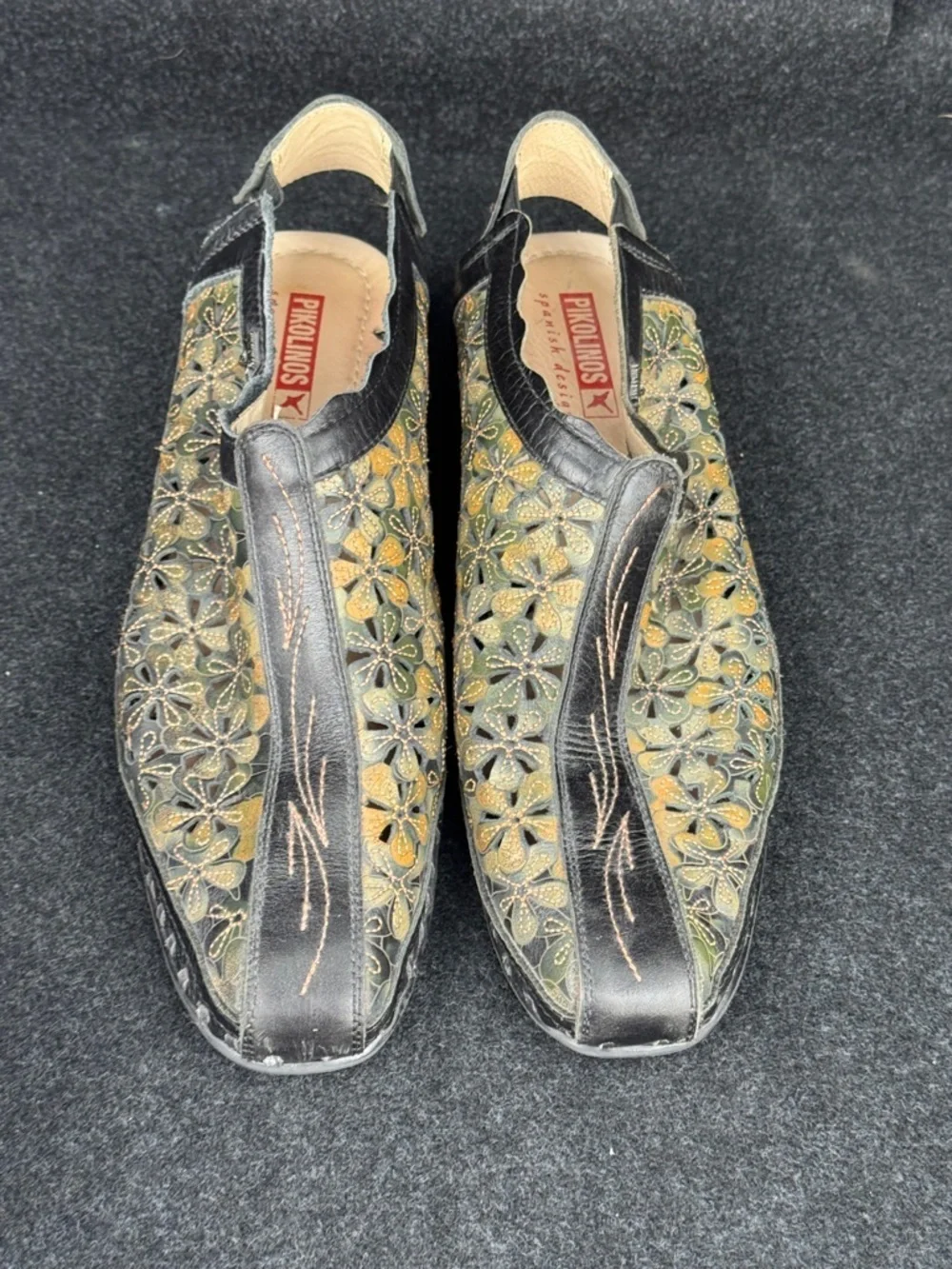 PIKOLINOS Black & Gold Floral Spanish Leather Sandals, Sz 42